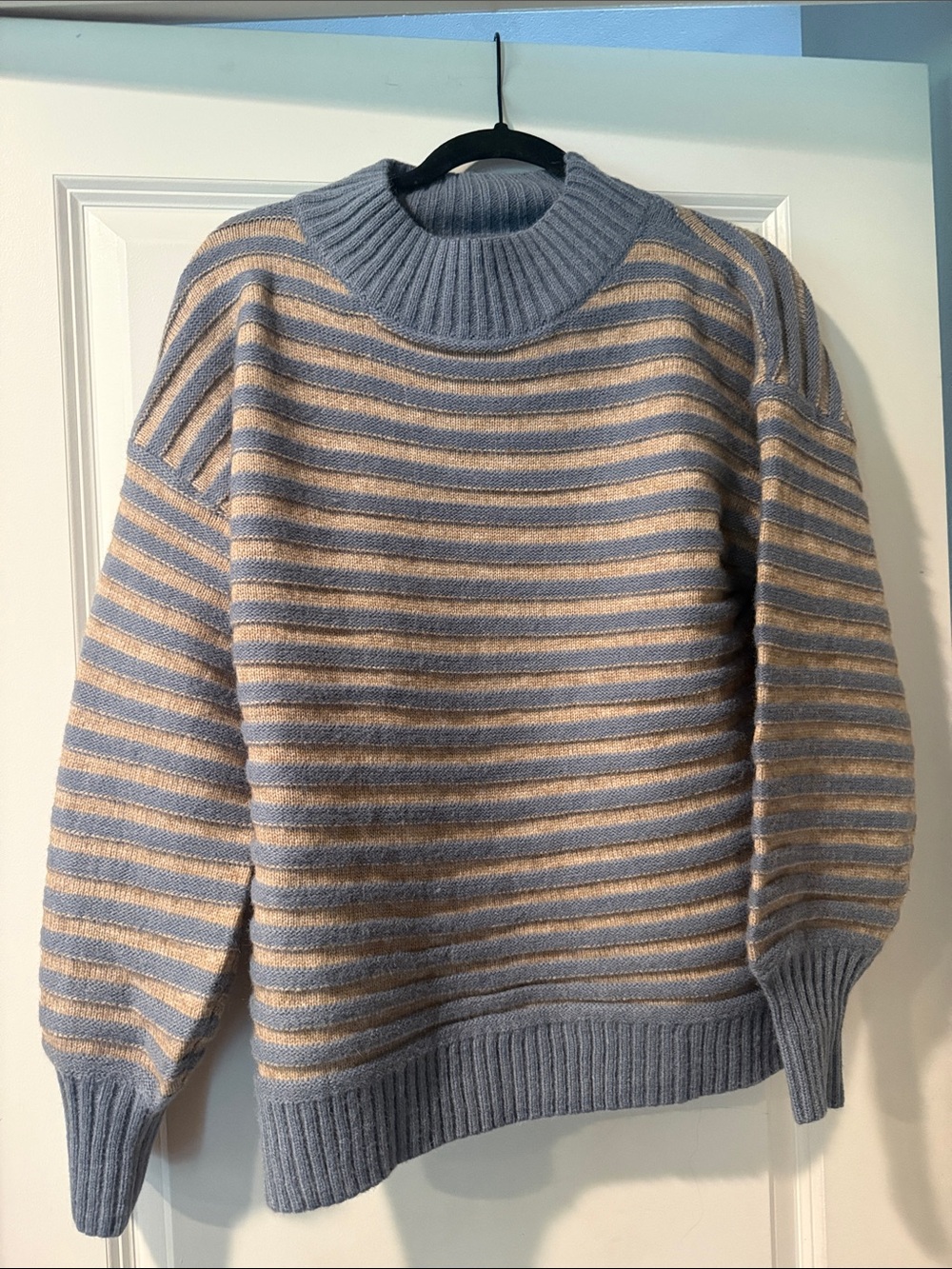 Lumiere Blue and Cream Striped Turtleneck Sweater